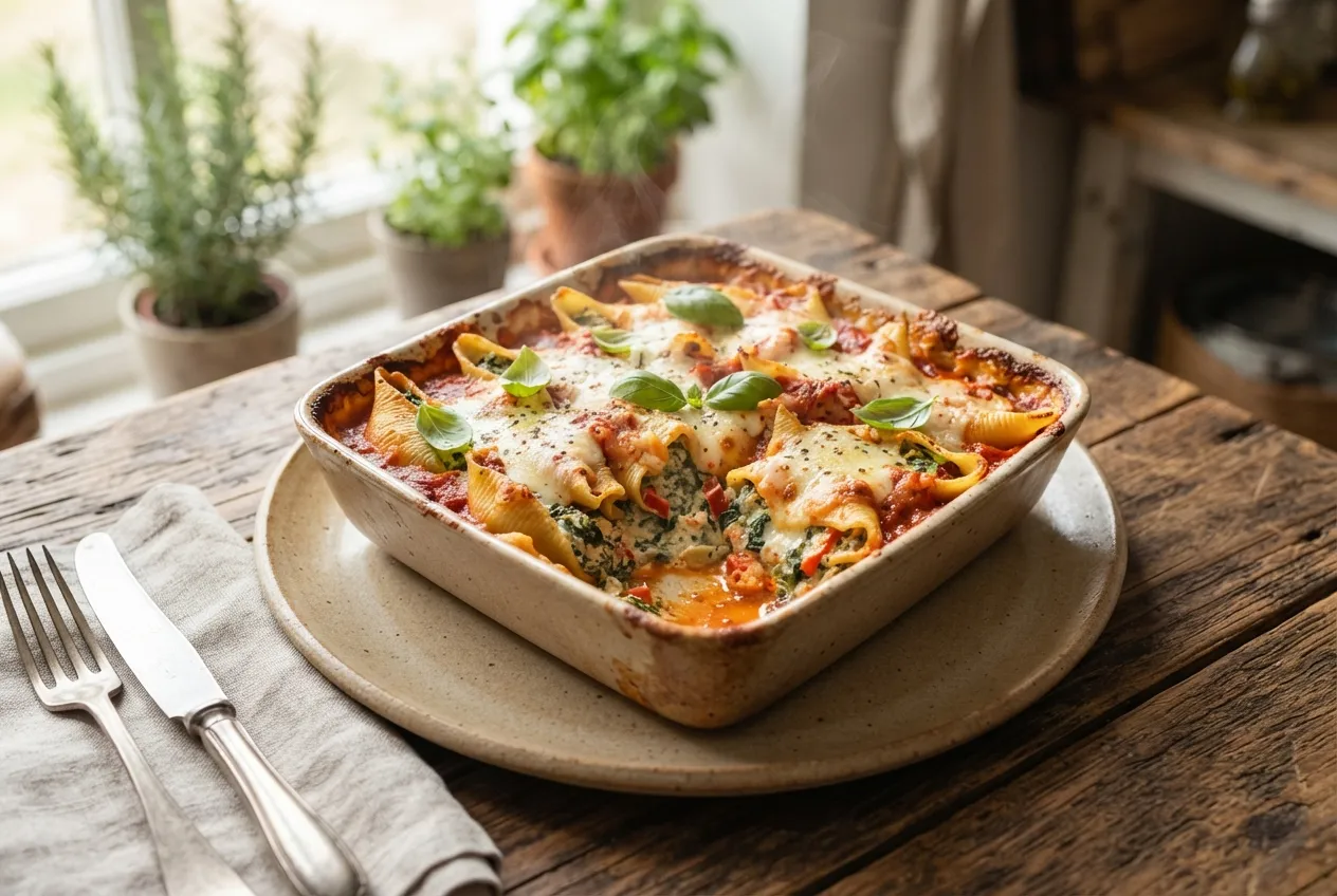 Pasta rellena con espinaca y ricota al horno