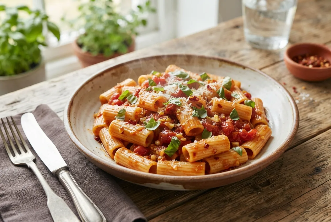 Pasta con salsa arrabiata picante y tomate casero