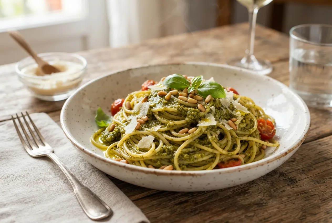Pasta con salsa de pesto genovés clásico