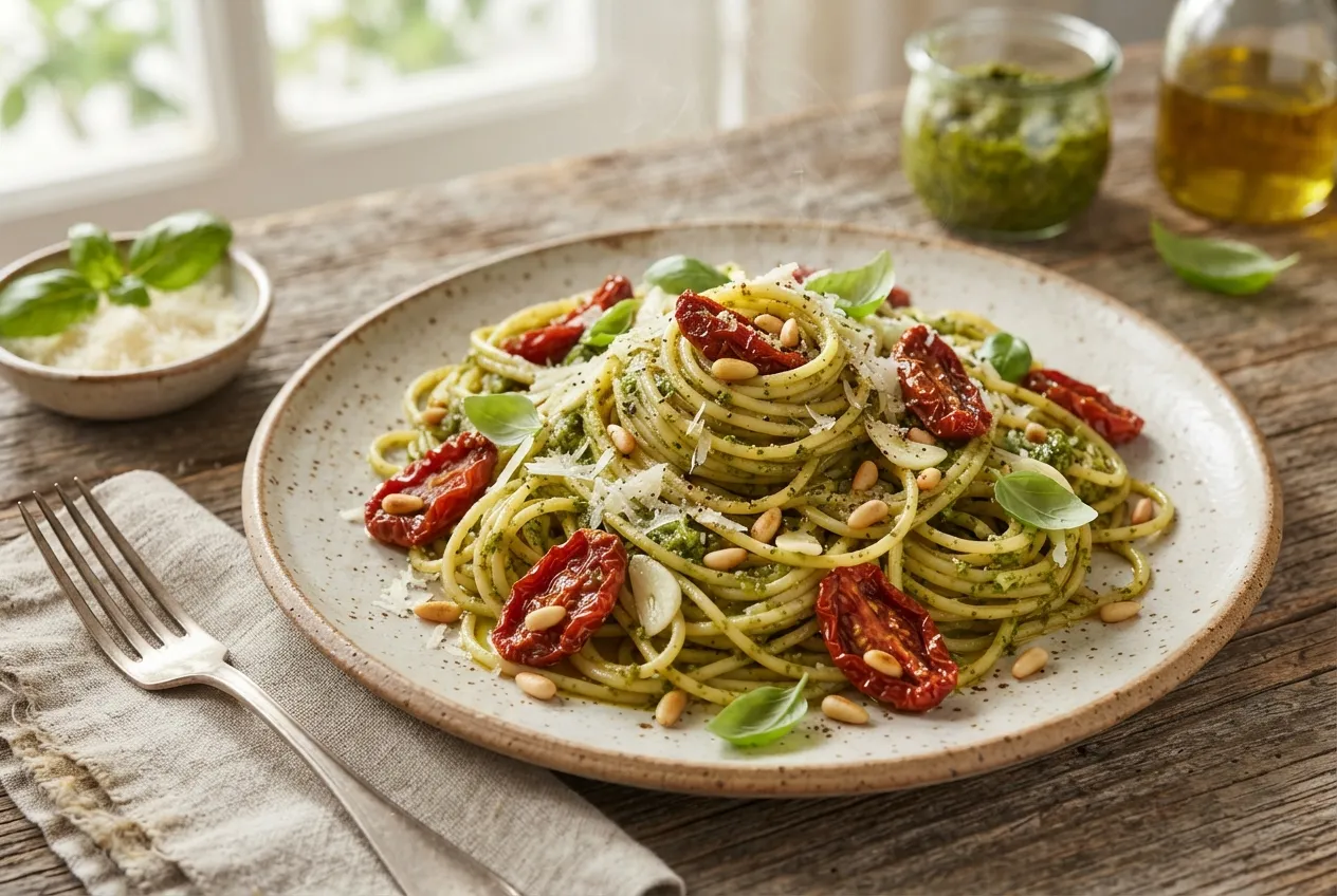 Pasta con salsa de pesto y tomates secos