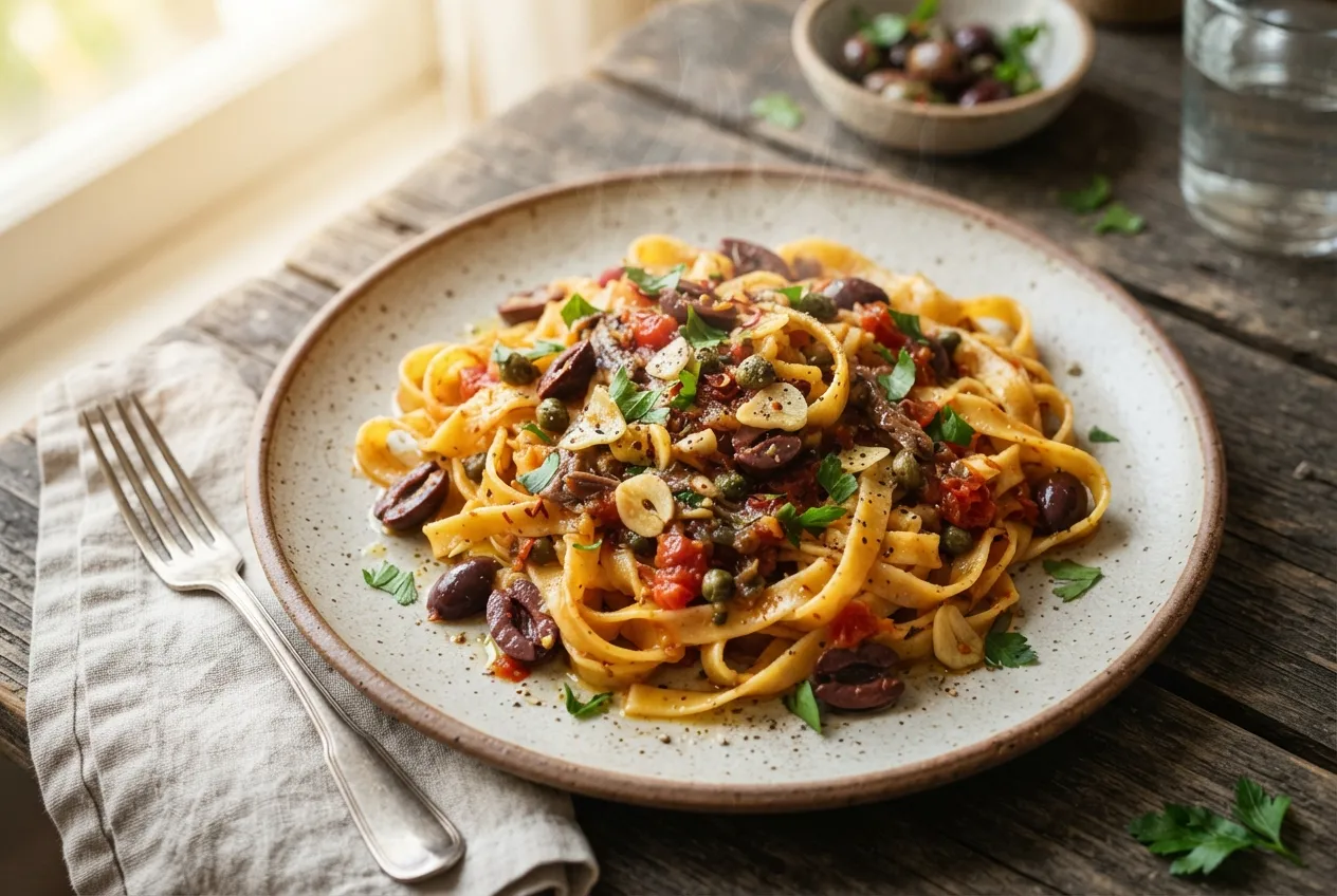 Pastas caseras con salsa puttanesca sencilla