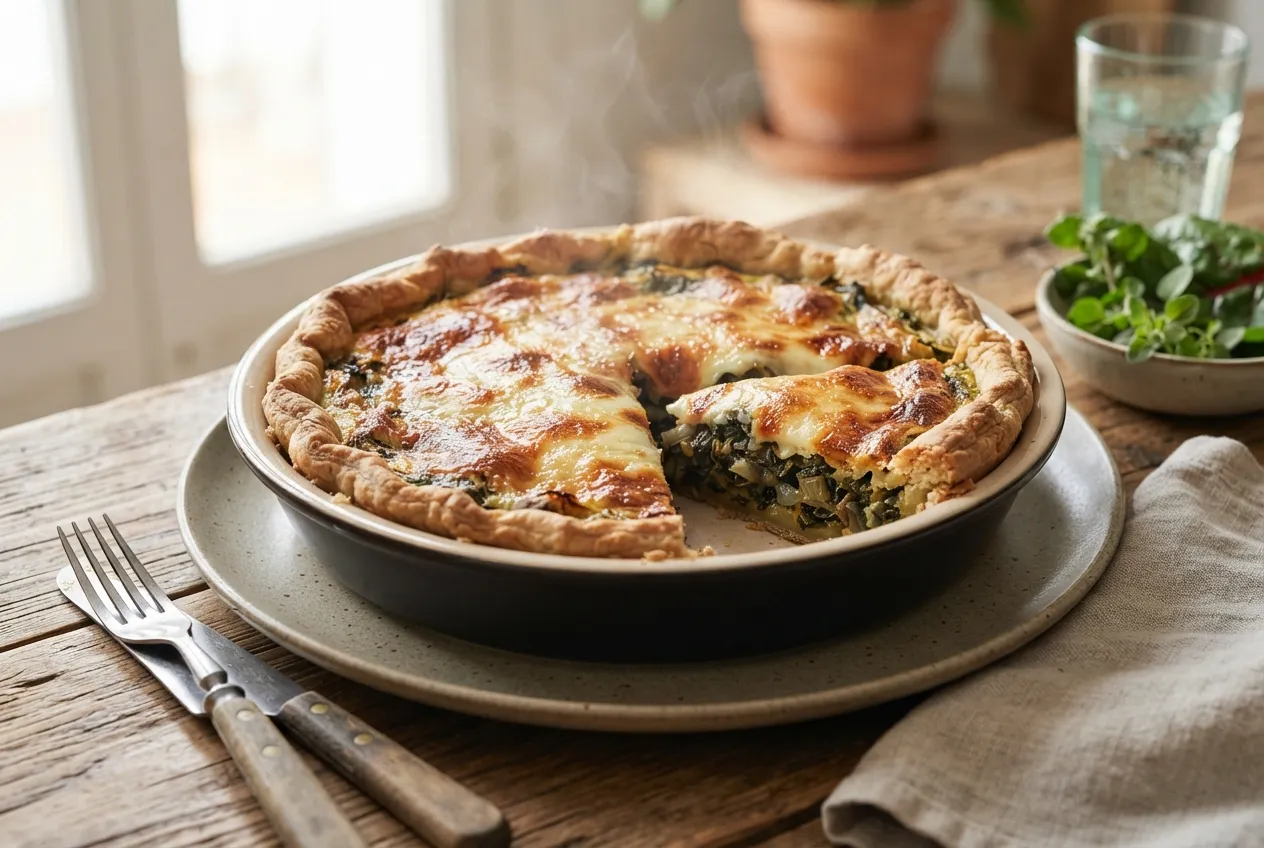 Pastel de acelga con masa casera y queso gratinado