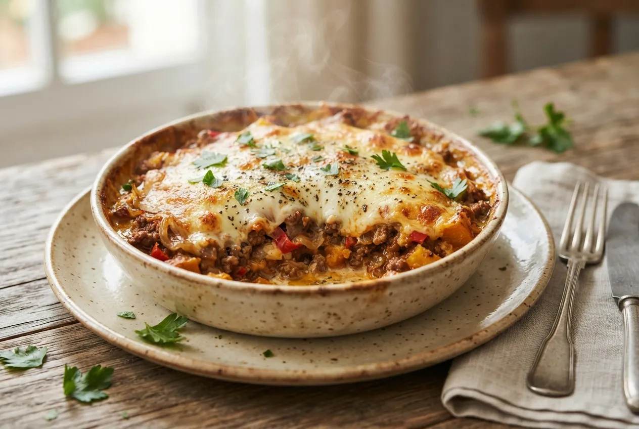 Pastel de calabaza con carne, salsa blanca y queso gratinado