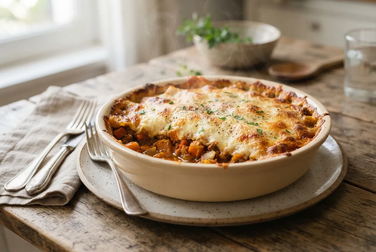 Pastel de calabaza con masa de papa y queso gratinado