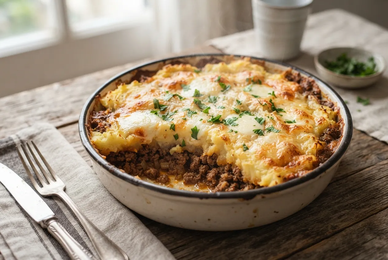Pastel de carne con puré de papas gratinado