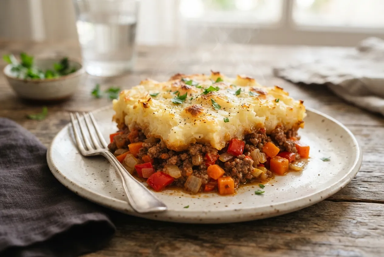 Pastel de papa con carne picada y verduras al horno