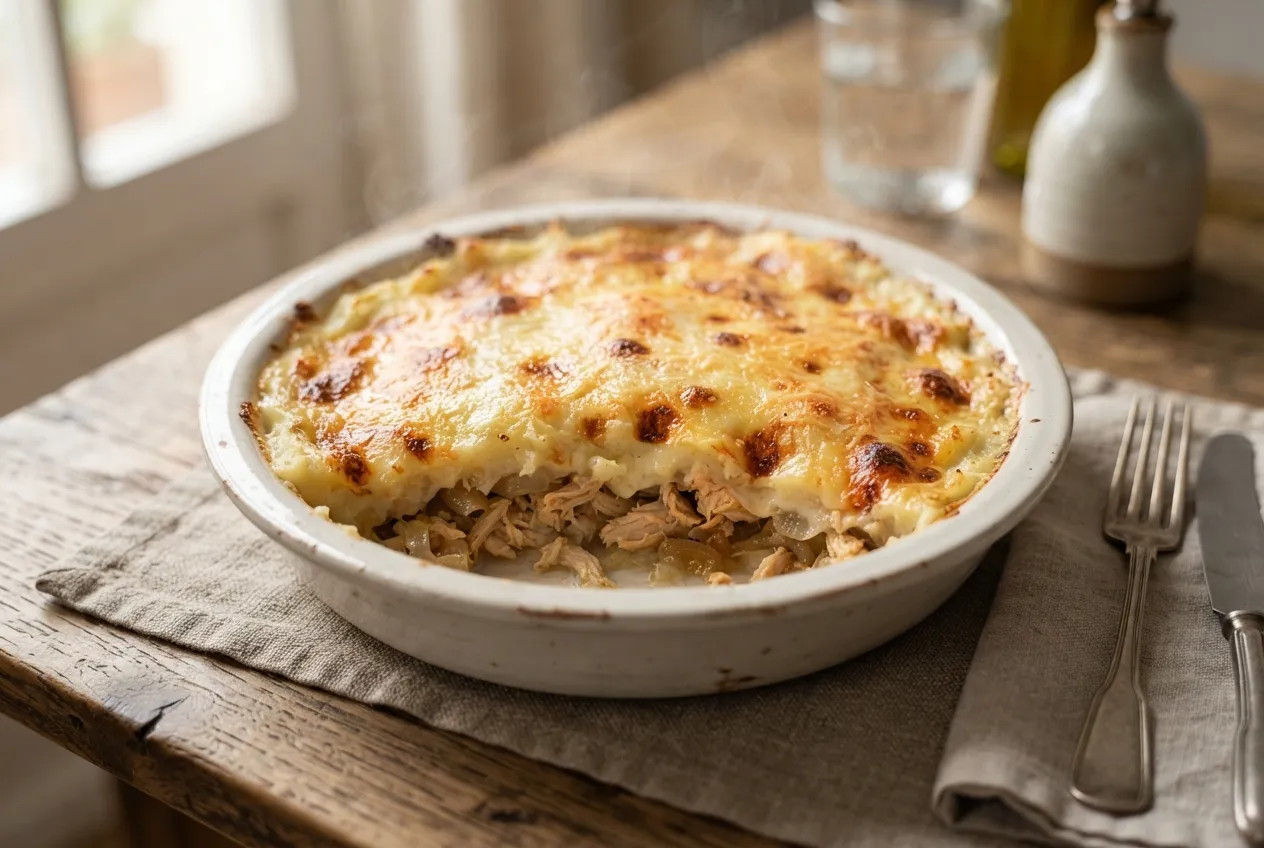 Pastel de papa con pollo desmenuzado y salsa blanca gratinada