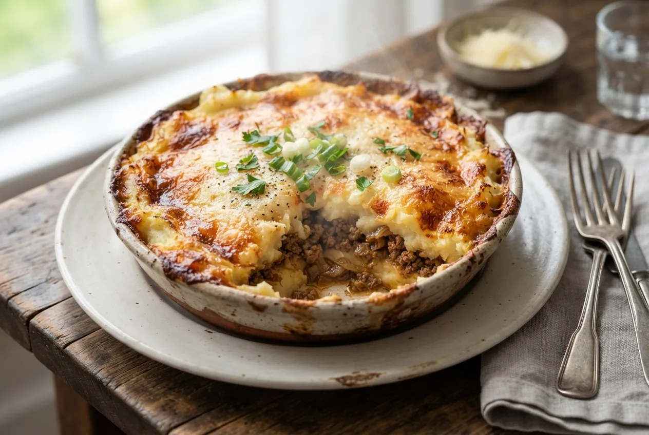 Pastel de papa relleno con carne y cebolla al horno