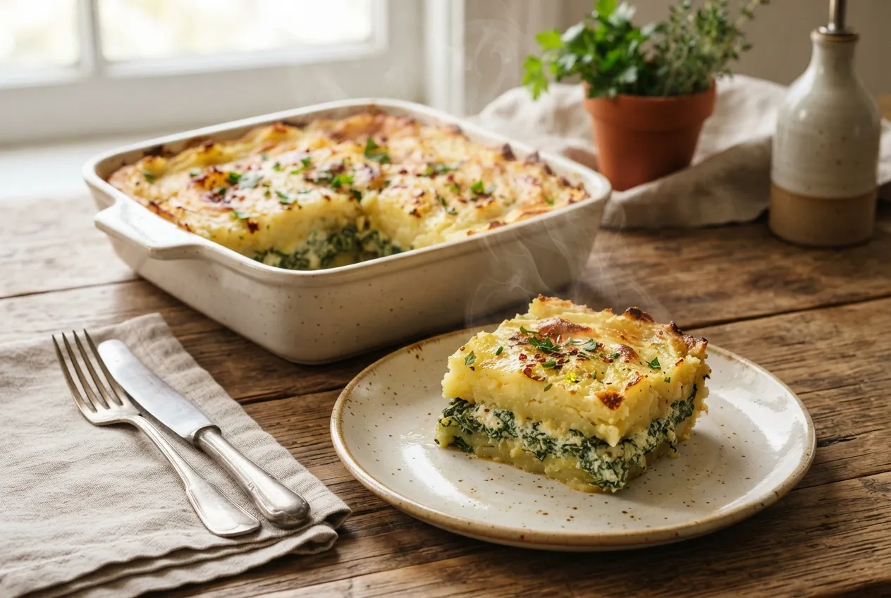 Pastel de papa con relleno de espinaca y ricota para horno