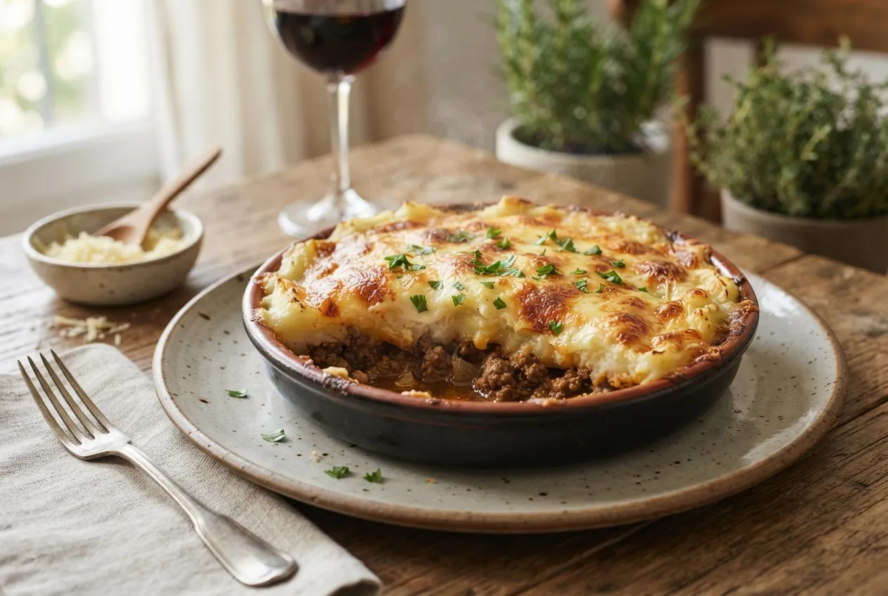 Pastel de papas con carne y queso gratinado