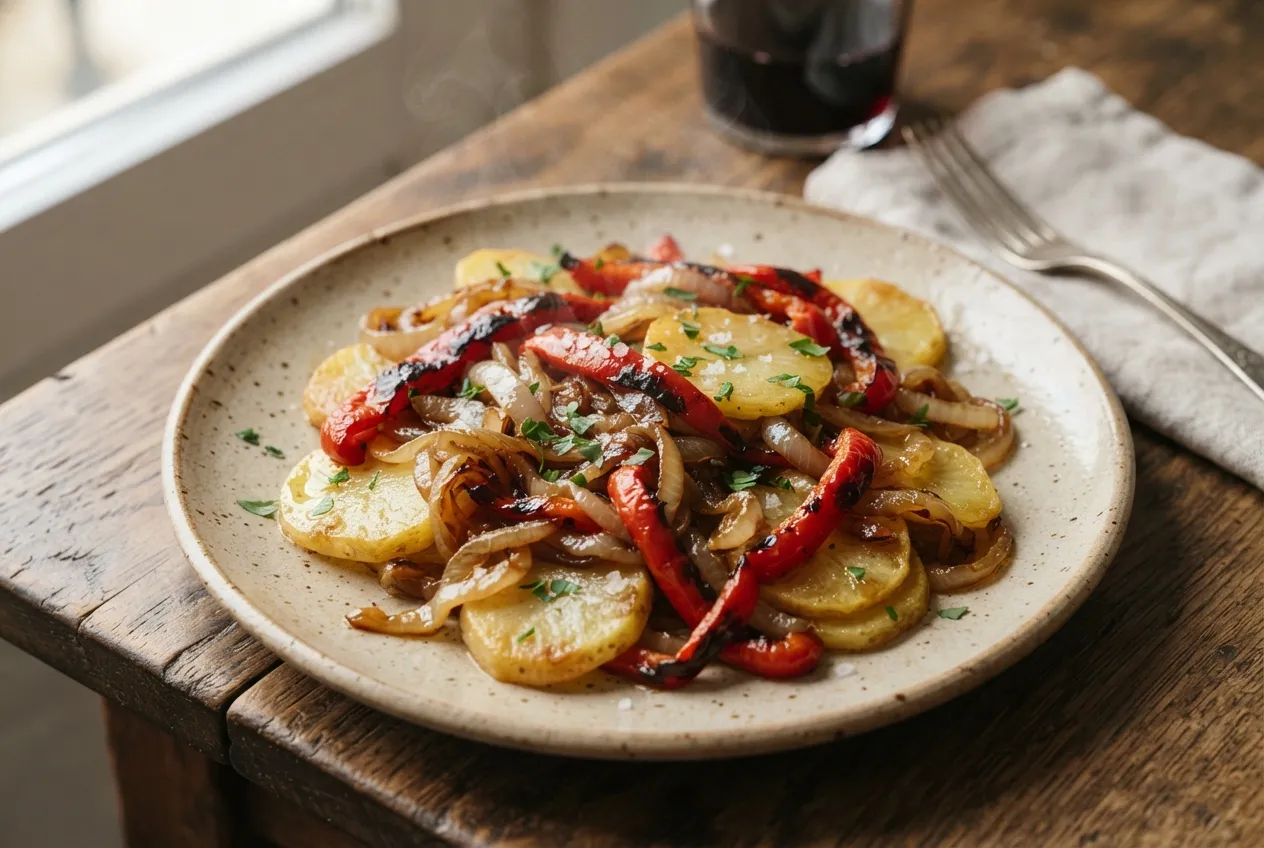Patatas a lo pobre con pimiento y cebolla caramelizada