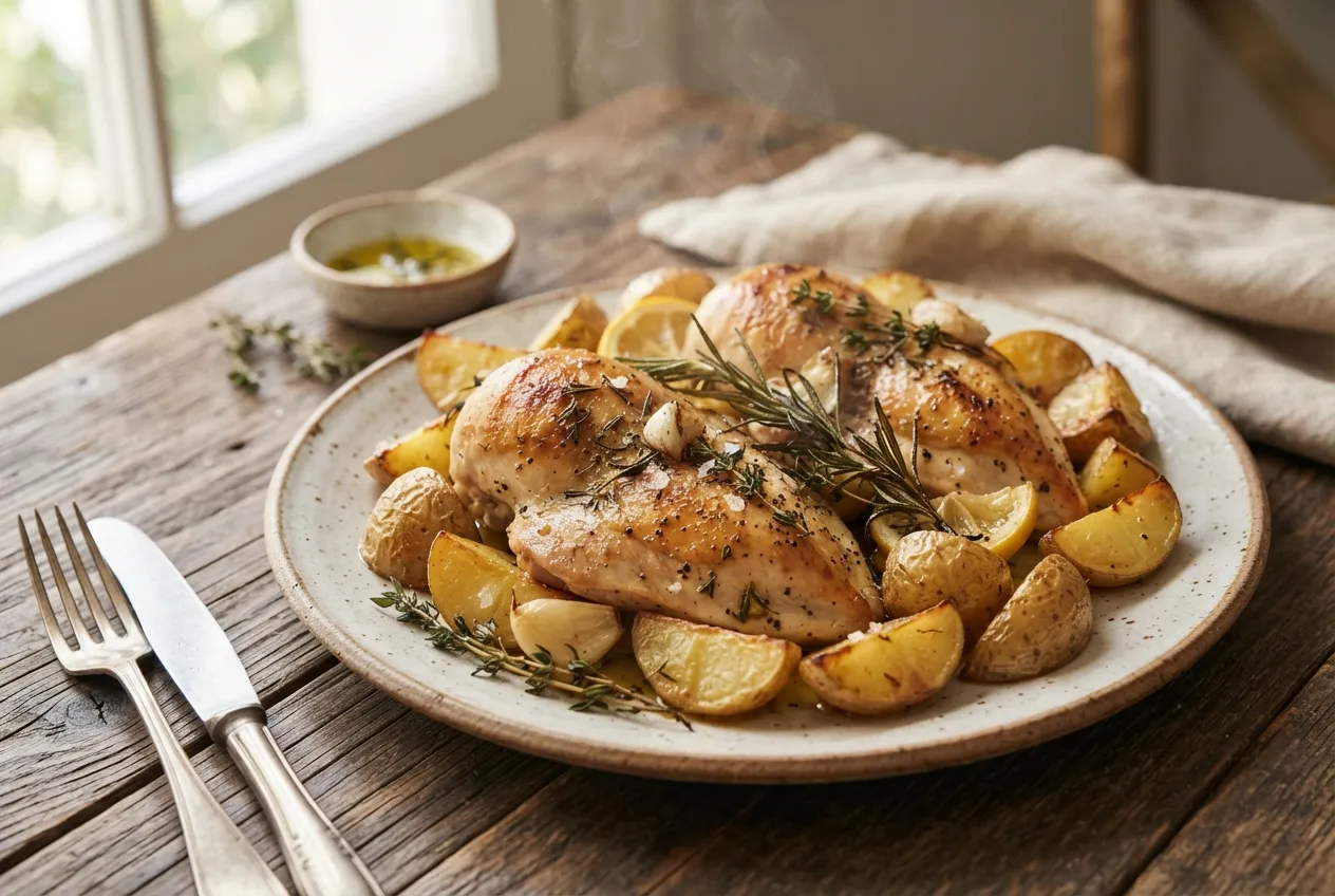 Pechuga de pollo al horno con papas y hierbas