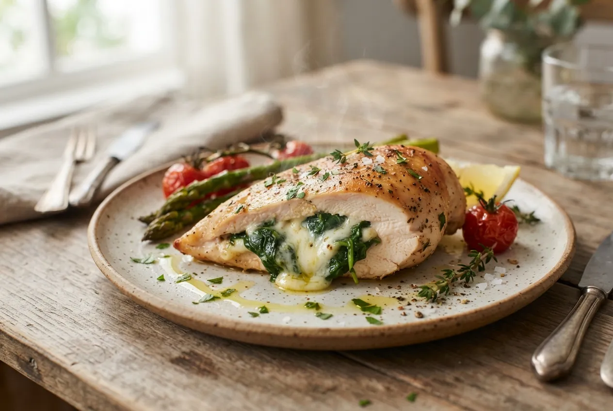 Pechuga de pollo rellena con espinaca y queso al horno