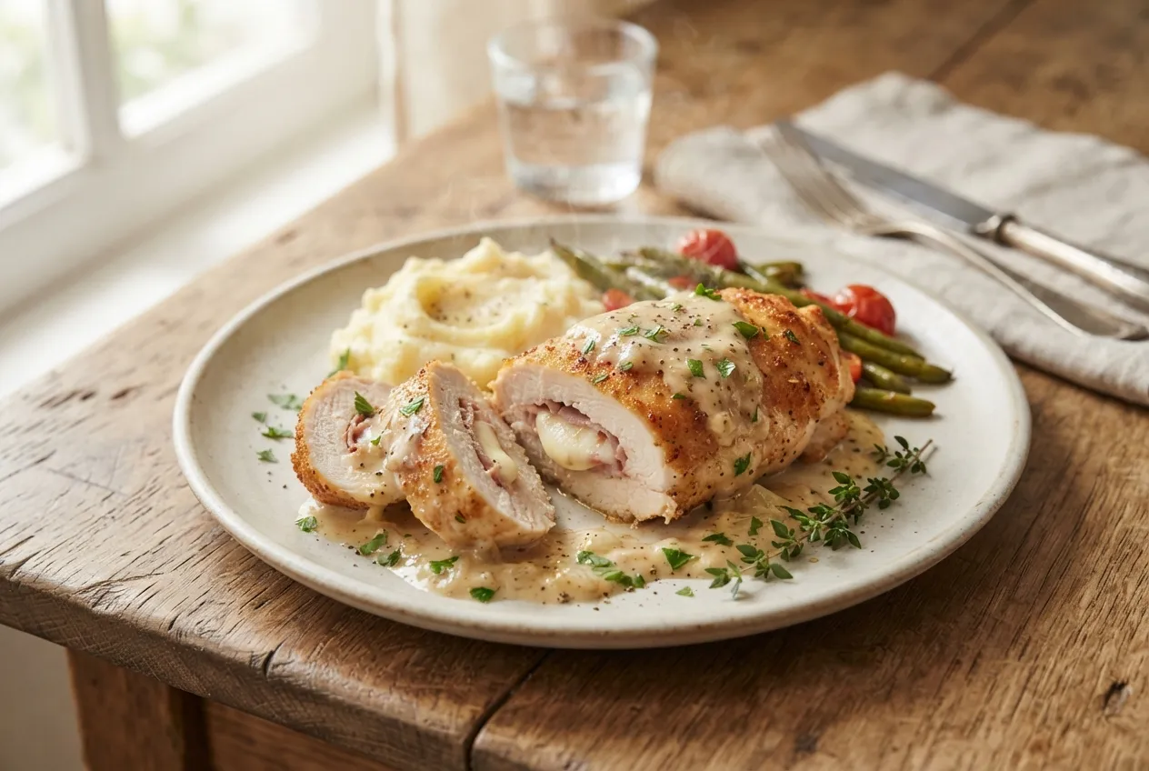 Pechuga de pollo rellena de jamón y queso con salsa de crema
