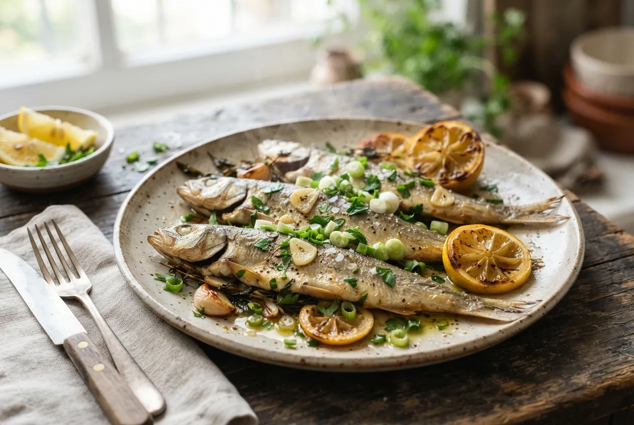 Pejerrey al horno con limón y hierbas frescas