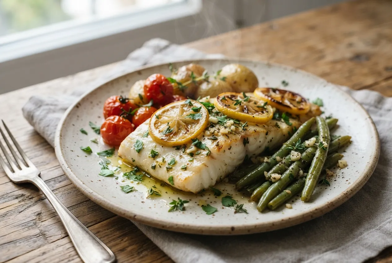 Pescado al horno con hierbas y rodajas de limón