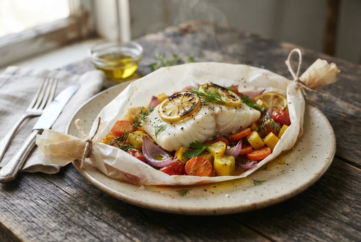 Pescado en papillote con verduras y limón
