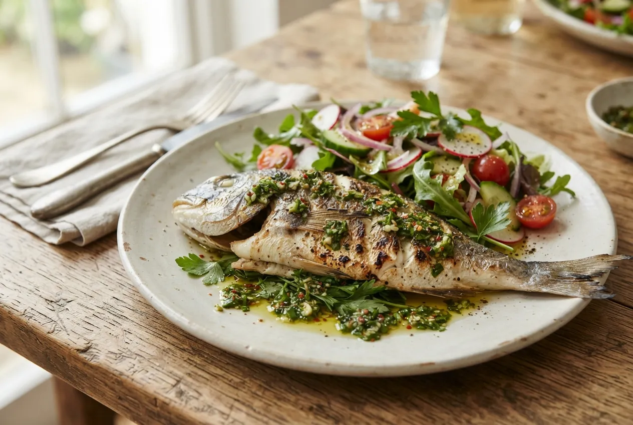 Pescado a la parrilla con chimichurri y ensalada fresca