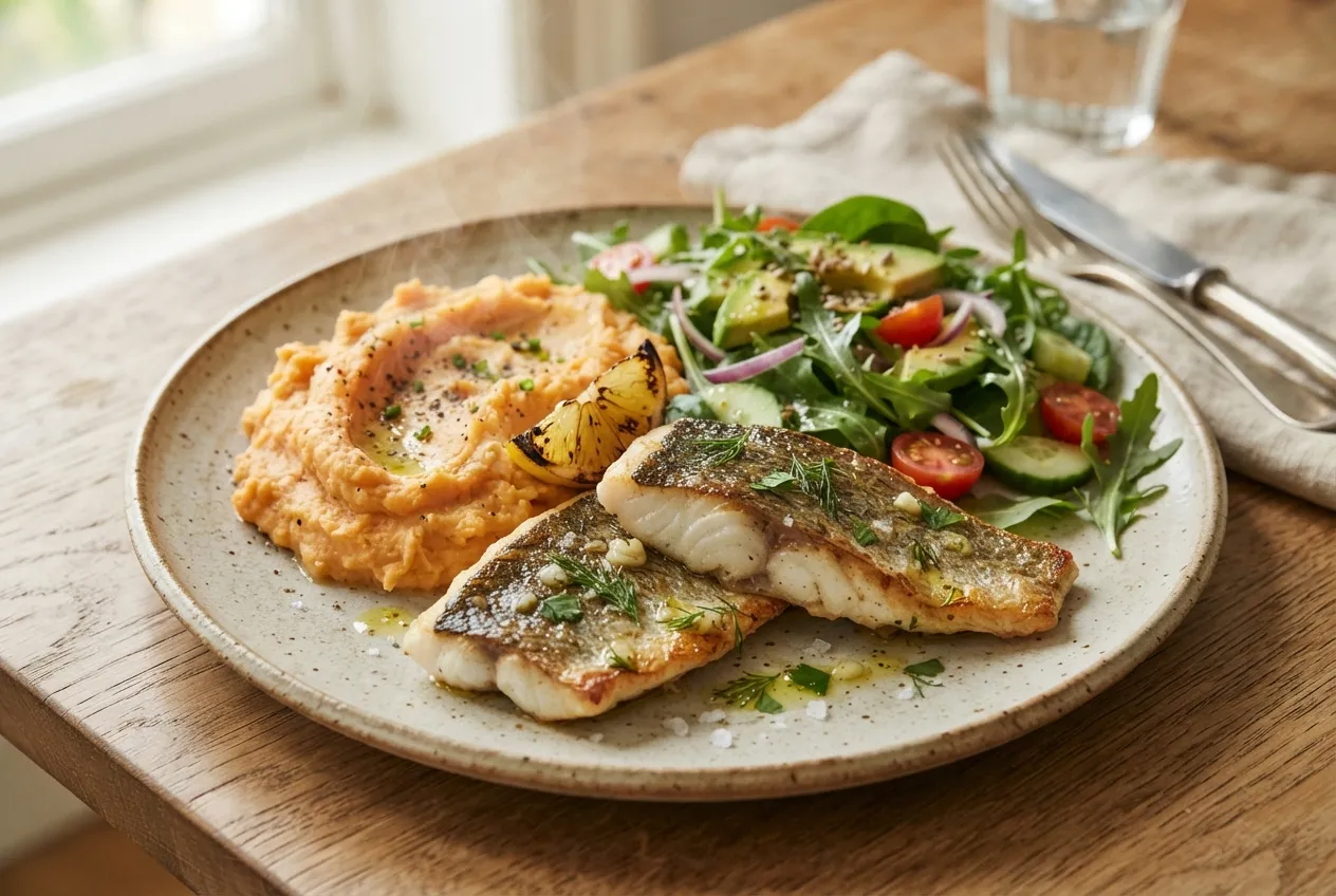 Pescado a la plancha con puré de batata y ensalada verde