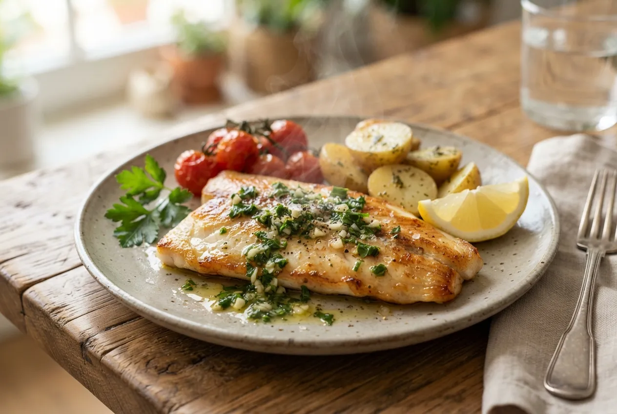 Pescado a la plancha con salsa de limón y perejil