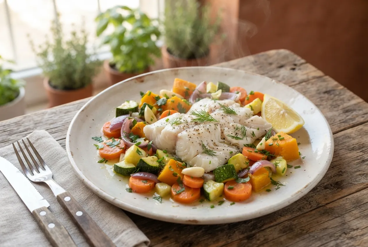 Pescado al vapor con verduras y hierbas frescas