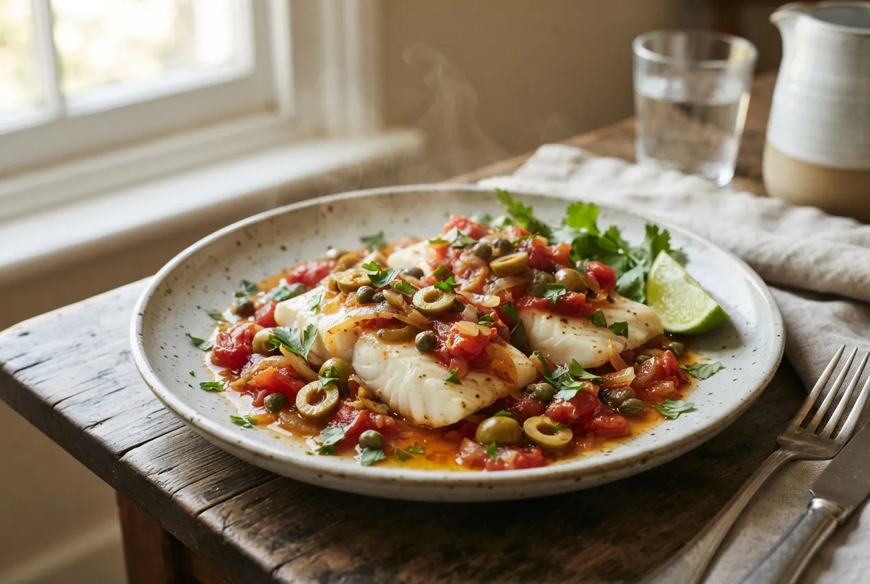 Pescado a la Veracruzana con Tomate, Aceitunas y Alcaparras