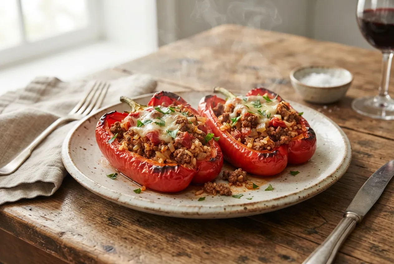 Pimientos rellenos de carne y arroz al horno