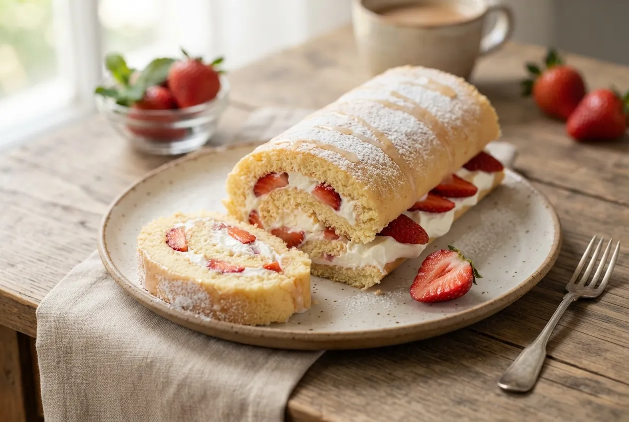 Pionono dulce relleno de crema y frutillas para merendar