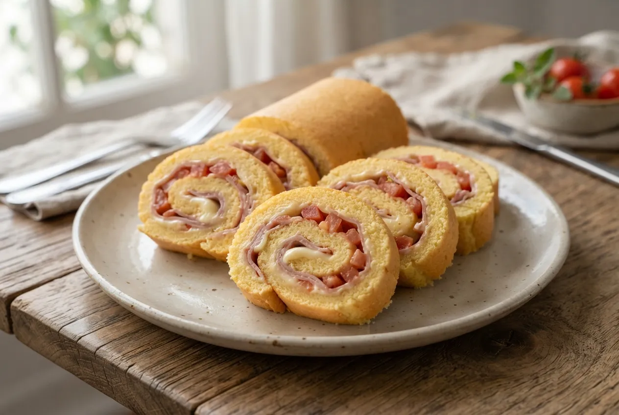 Pionono de jamón, queso y tomate para desayuno o merienda