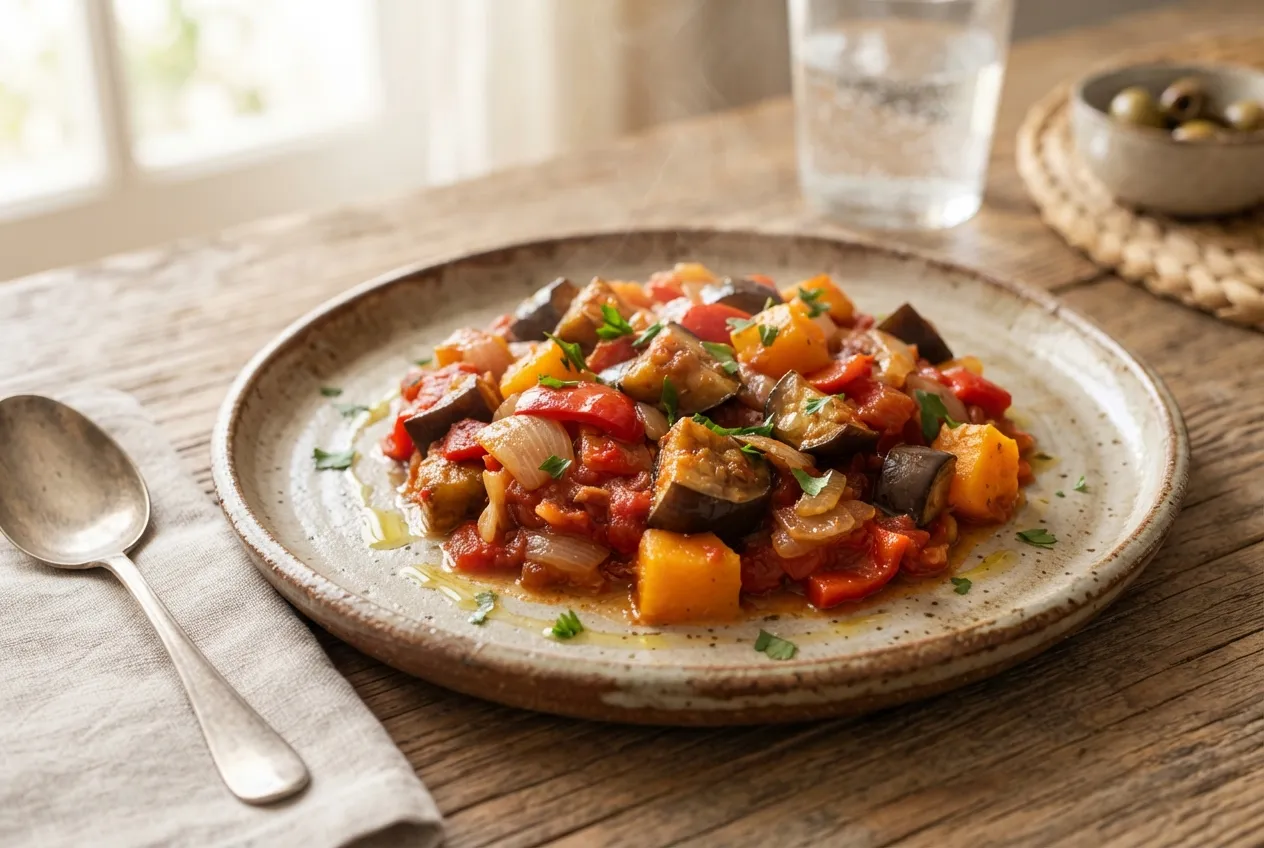 Pisto manchego con berenjena, pimiento y calabaza