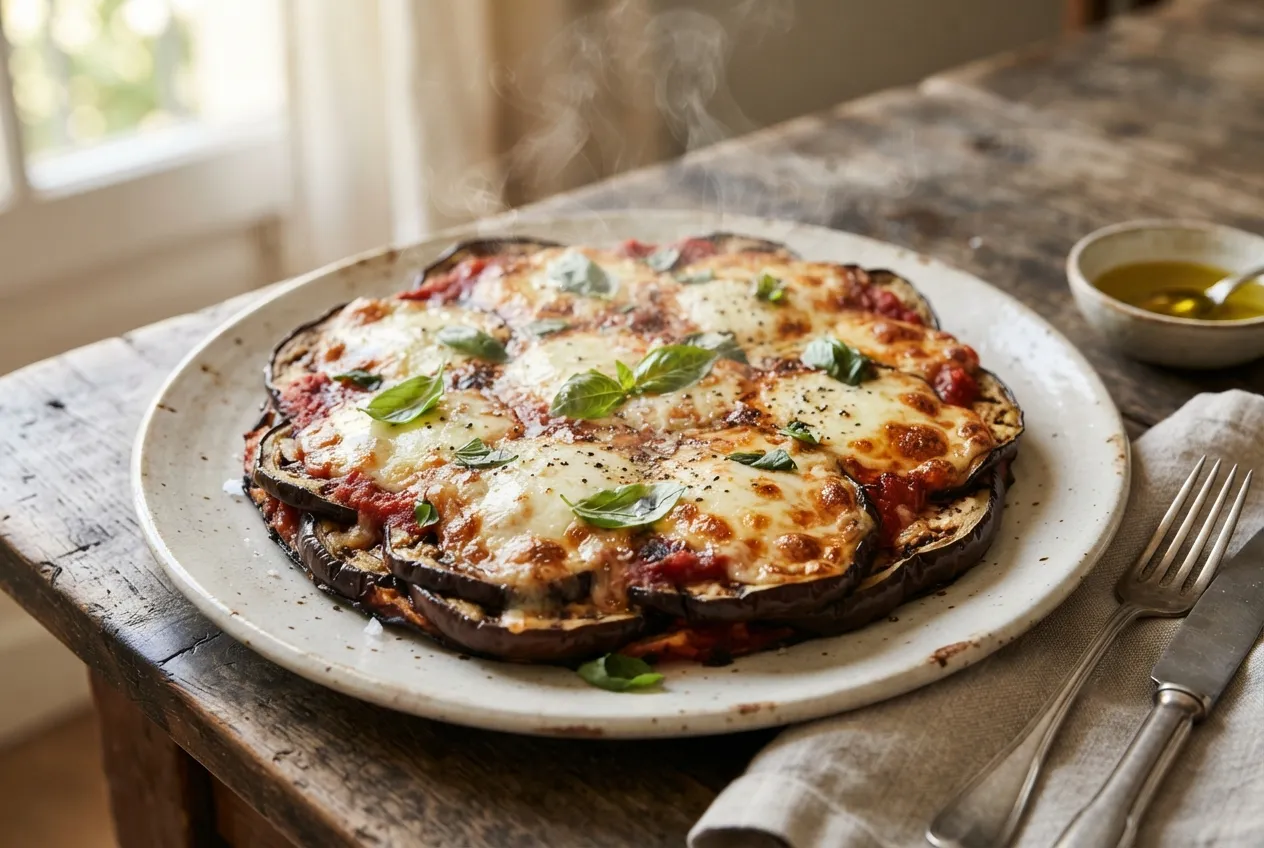 Pizza con base de berenjenas a la parrilla y topping de muzzarella