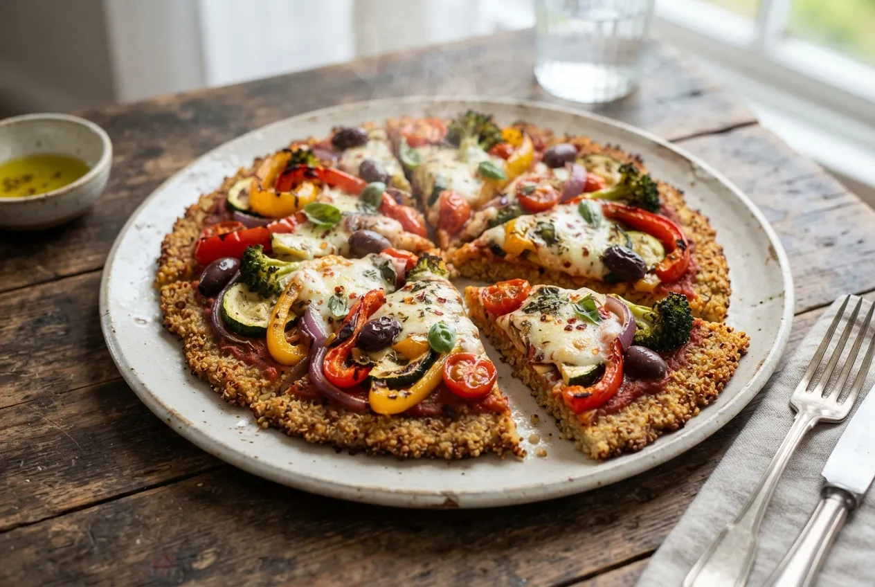 Pizza con base de masa de quinoa y topping de verduras grilladas
