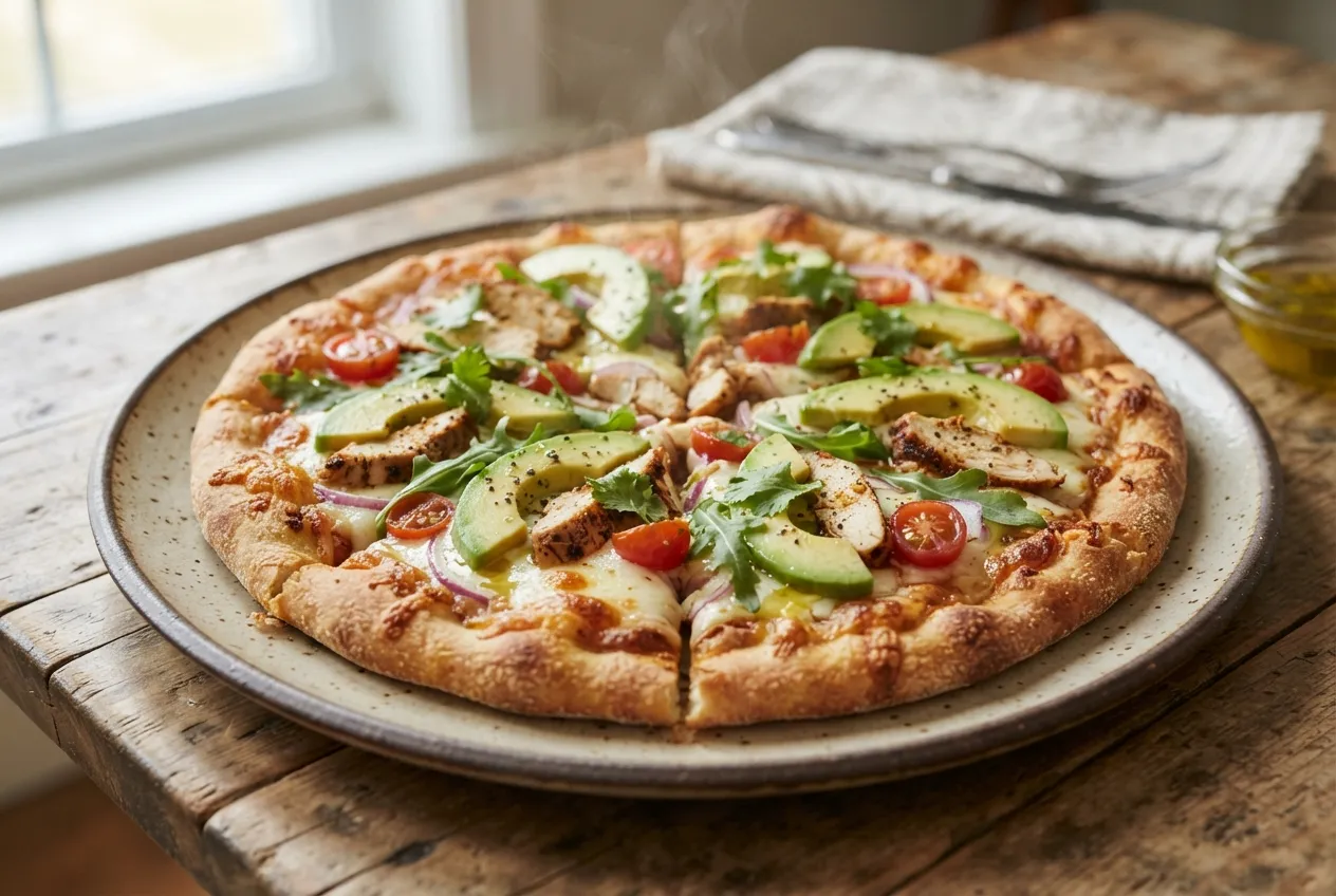 Pizza con base de masa sin gluten y topping de pollo y palta