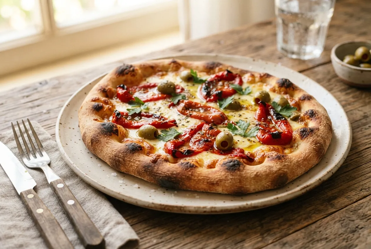 Pizza con base de pan de campo y topping de morrones asados y aceitunas