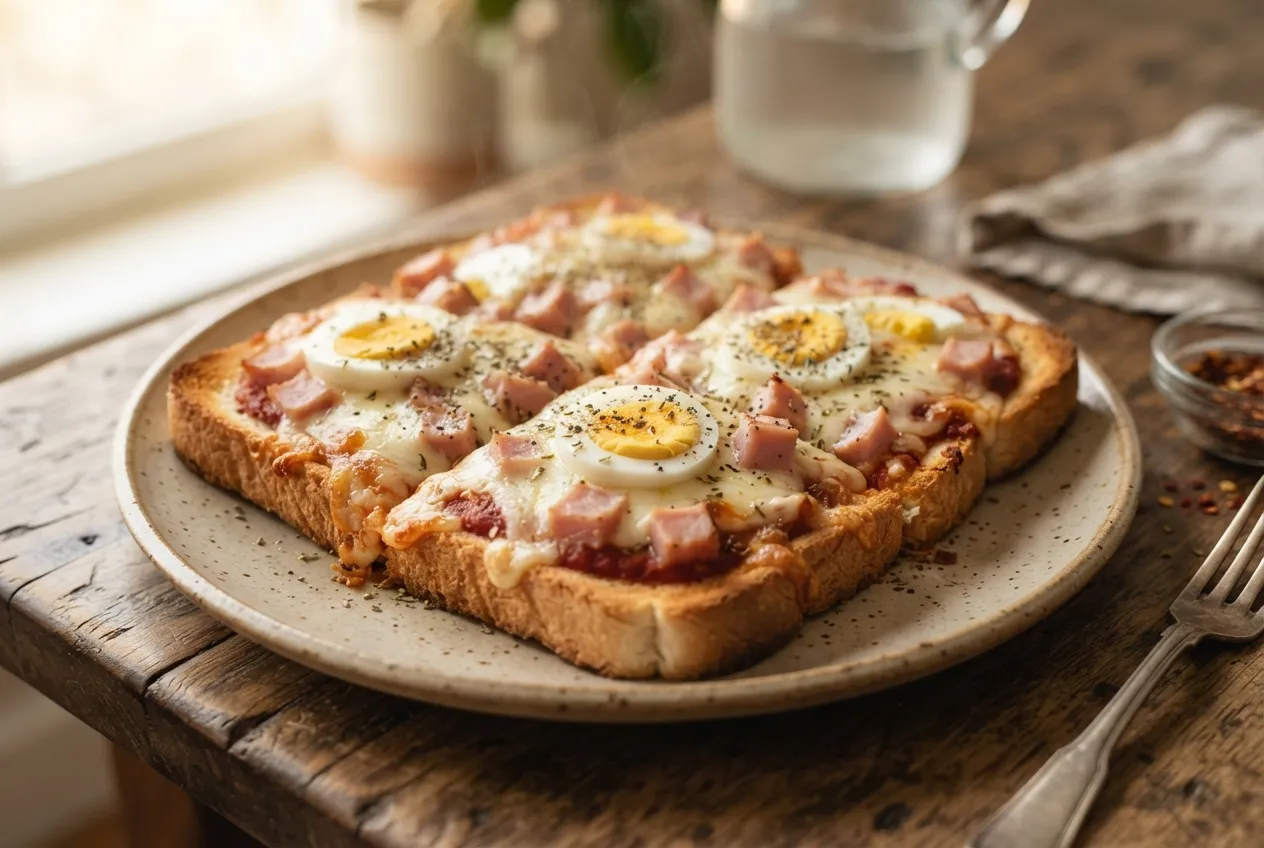 Pizza con base de pan lactal y topping de huevo duro y jamón
