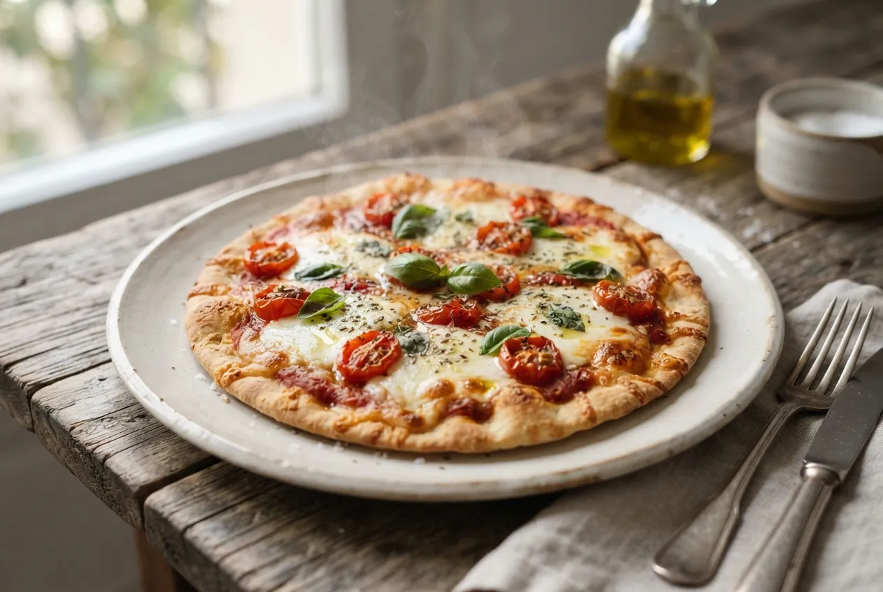 Pizza con base de pan pita y topping de tomate y muzzarella