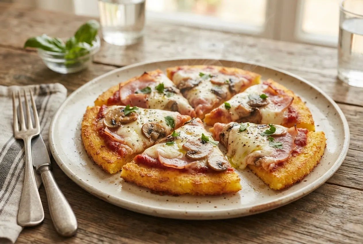 Pizza con base de polenta y topping de jamón y champignones