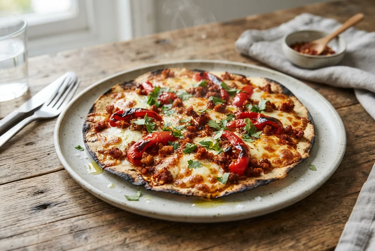 Pizza con base de tortilla de maíz y topping de chorizo y morrones