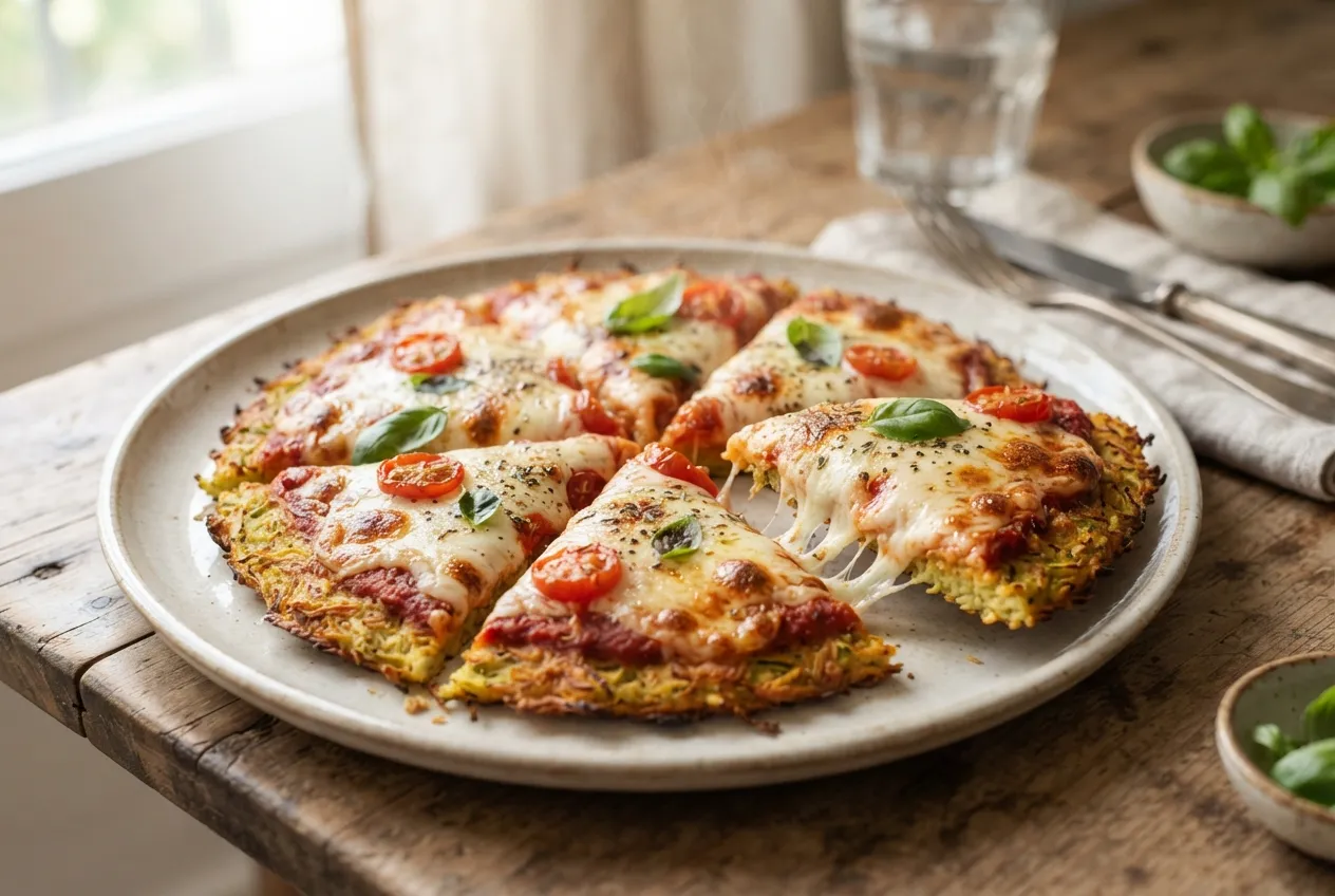 Pizza con base de zapallito rallado y topping de queso y tomate