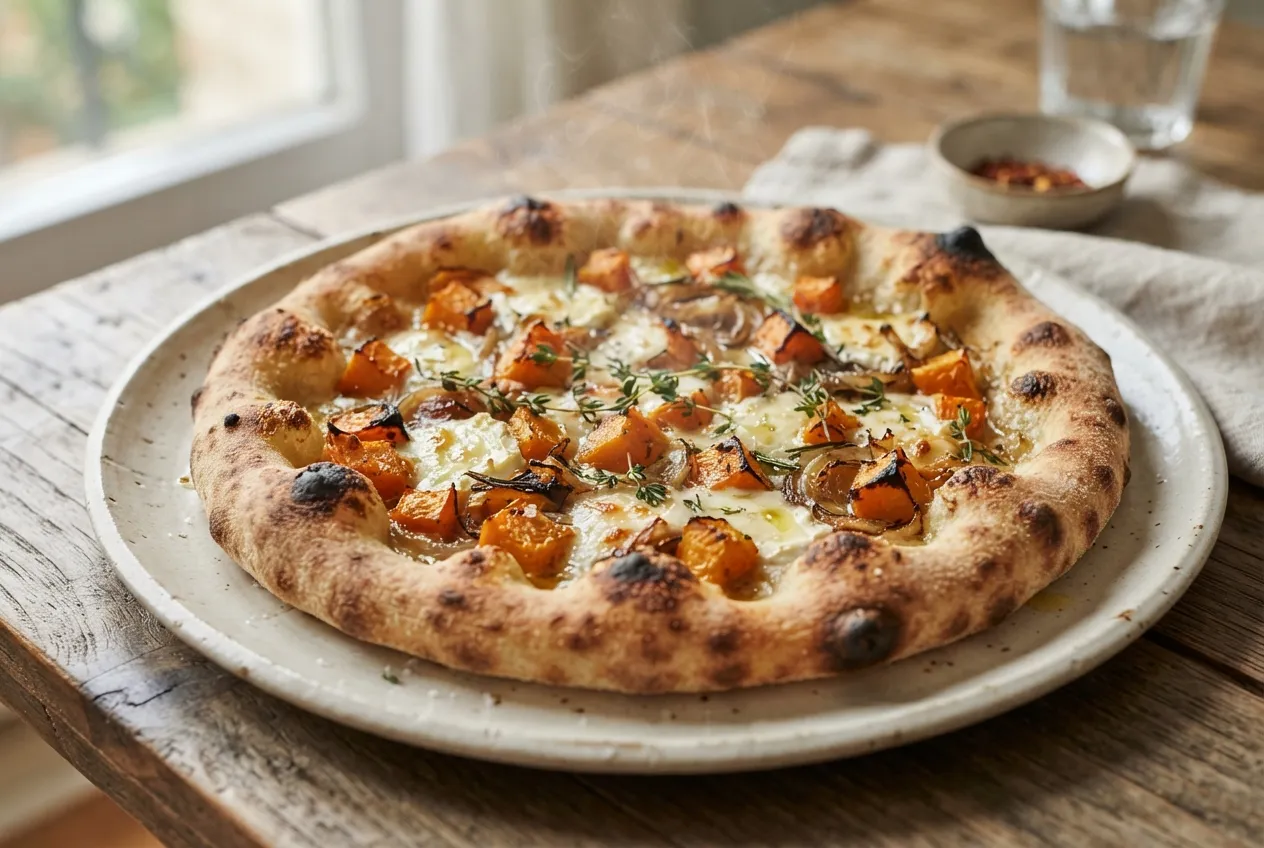 Pizza de calabaza con masa casera y queso de cabra