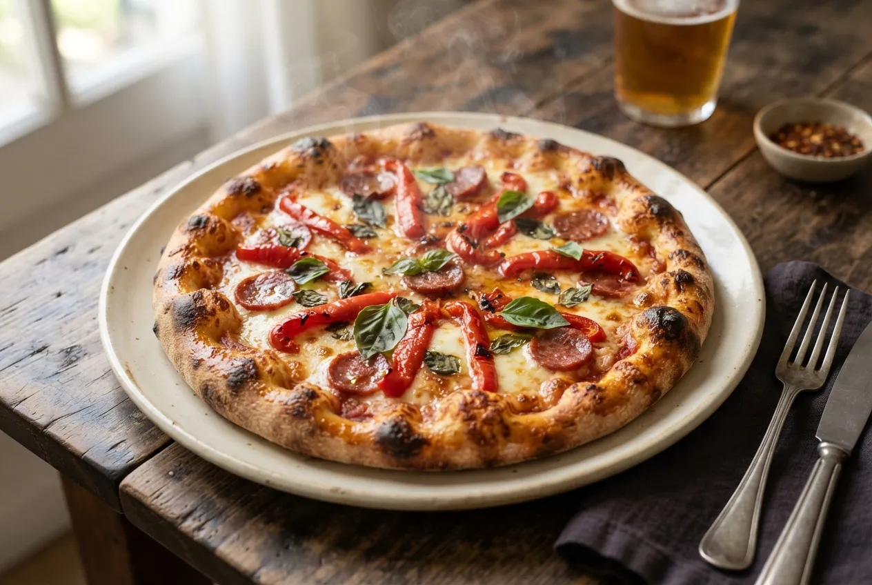 Pizza de calabresa con morrón y muzzarella casera