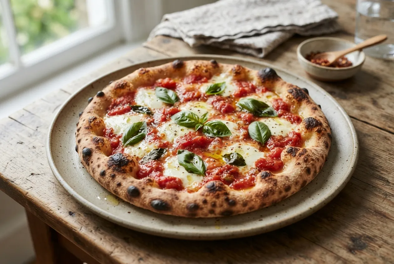 Pizza casera con masa fina y tomate natural