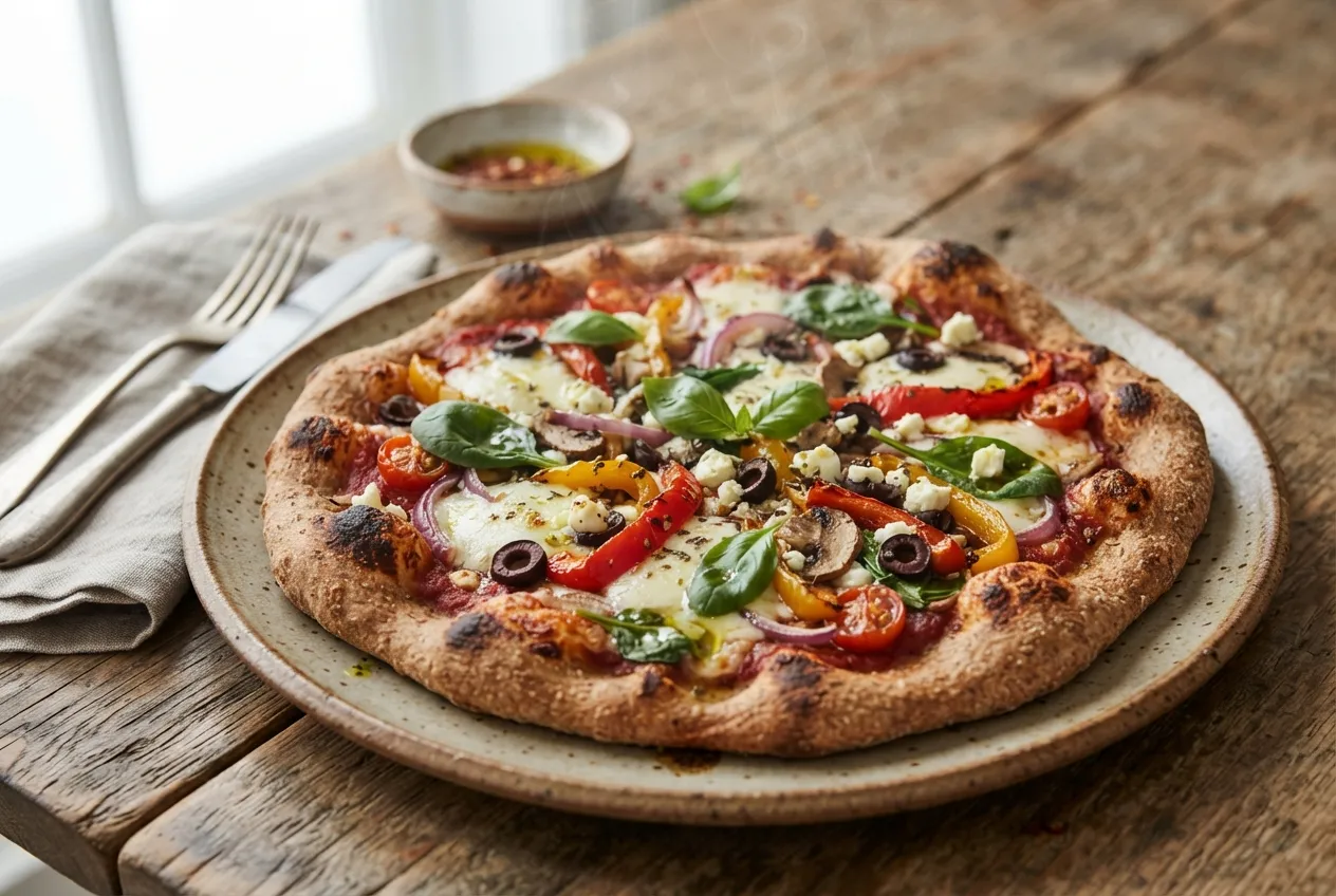 Pizza casera con masa integral y toppings vegetarianos