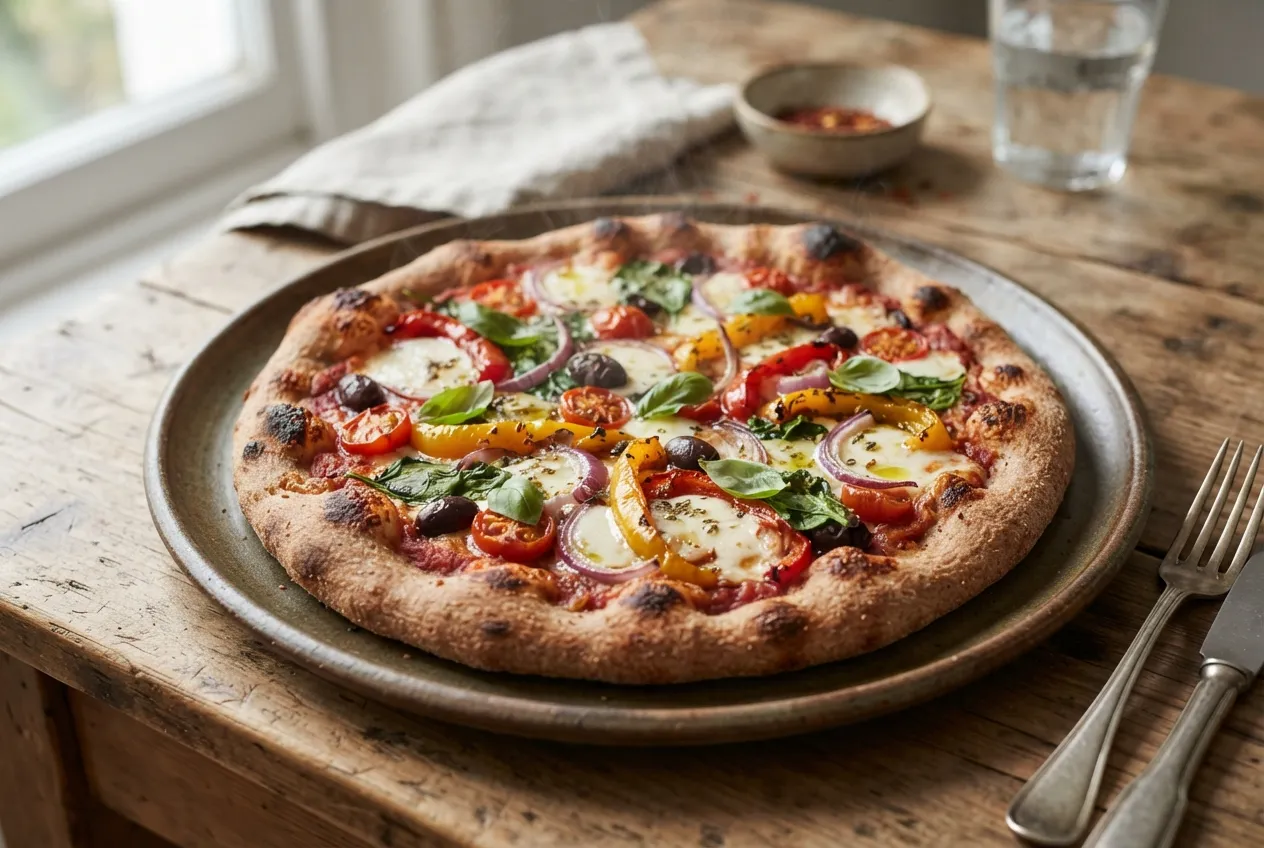 Pizza casera con masa integral y vegetales