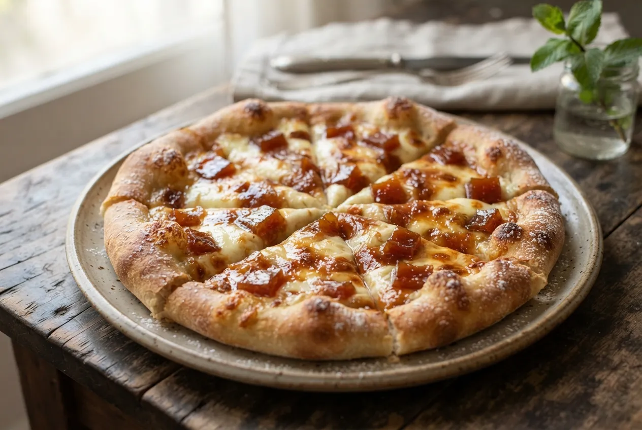 Pizza dulce con dulce de membrillo y queso crema