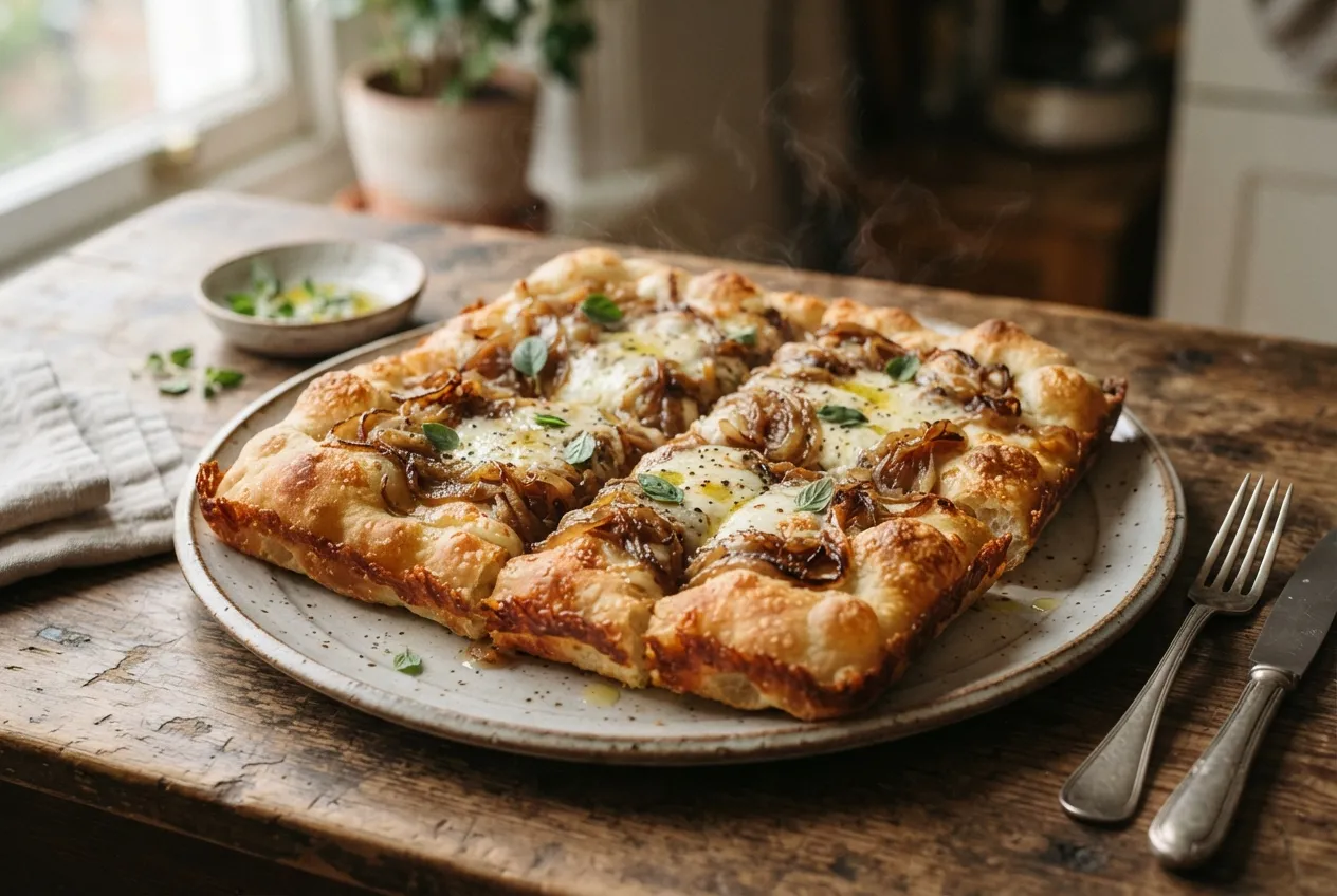 Pizza estilo siciliano con masa gruesa y cebolla caramelizada