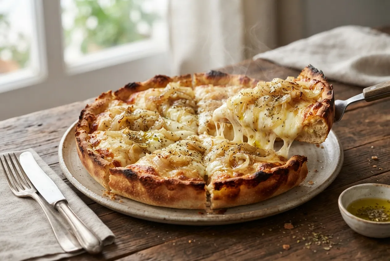 Pizza de fugazzeta rellena con cebolla y mucho queso