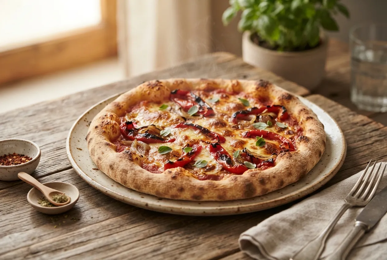 Pizza con guarnición de provoleta y morrones grillados