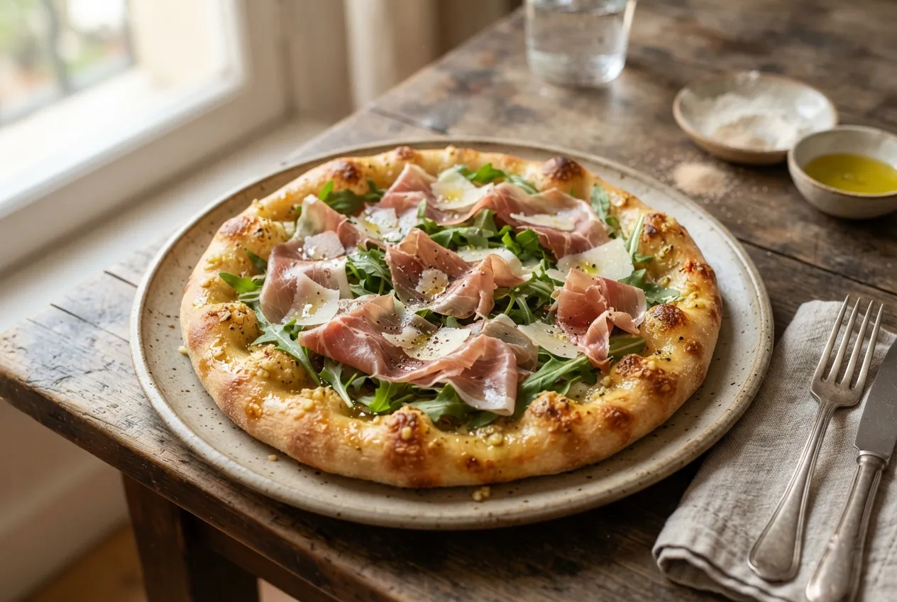Pizza con masa de ajo y topping de jamón crudo y rúcula