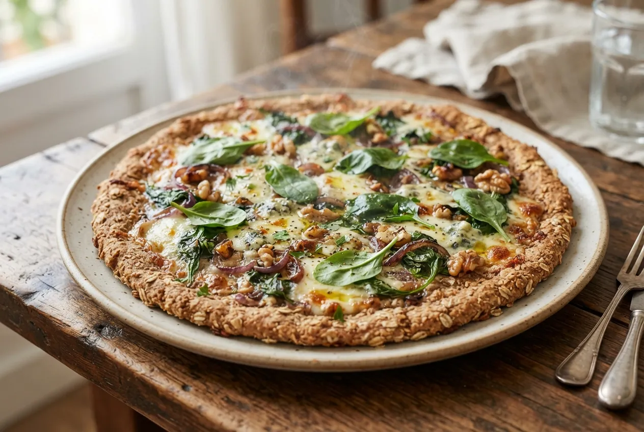 Pizza con masa de avena y topping de espinaca y roquefort